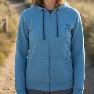 The North Face Womens Full Zip Hoodie Blue Heathered Logo Fleece Jacket L